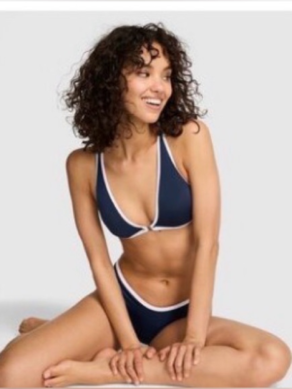 Pink Victoria's Secret Deep Plunge Navy White Racerback Swim Top S